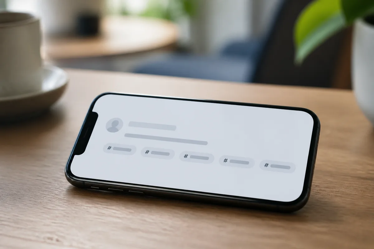 Écran de téléphone affichant une légende courte suivie de cinq étiquettes seulement
