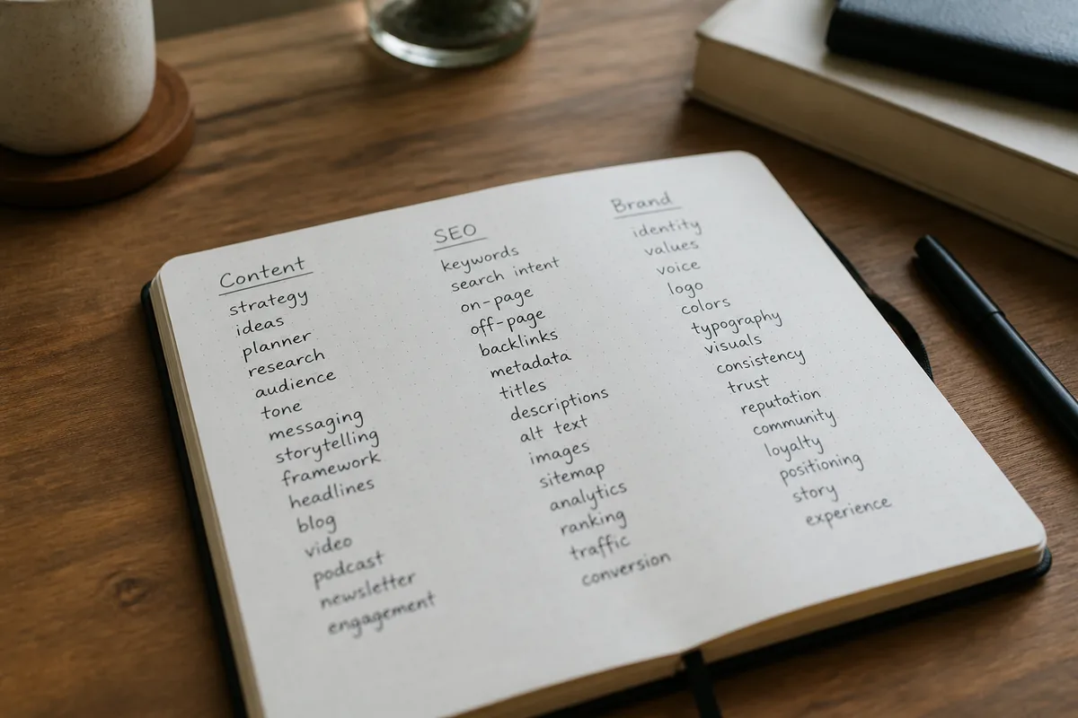 Carnet ouvert avec une liste manuscrite de mots-clés triés en trois colonnes