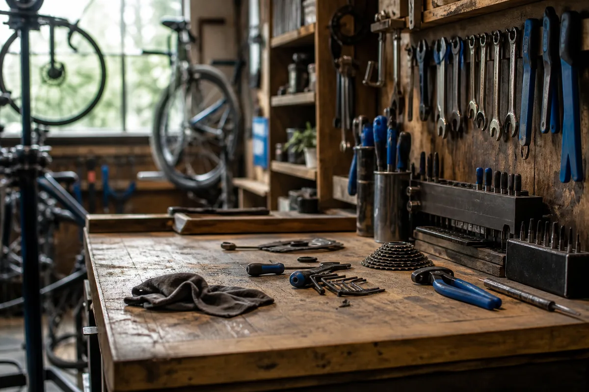 Atelier de réparation de vélos avec un établi et des outils rangés