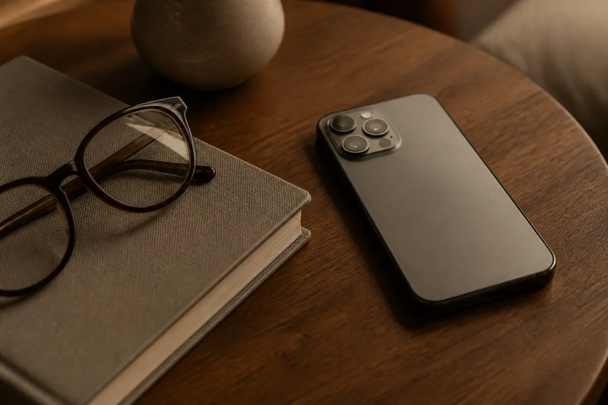 Écran de téléphone posé face contre table à côté d&rsquo;un carnet fermé, lumière tamisée