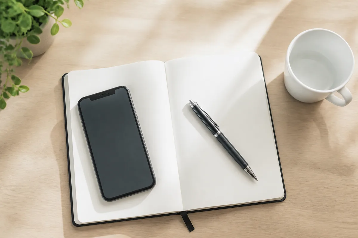 Bureau clair avec téléphone posé sur un carnet ouvert et stylo, ambiance calme