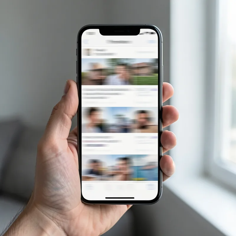 Écran de téléphone posé sur une table, affichant un flux de contenus flou et une main qui le fait défiler