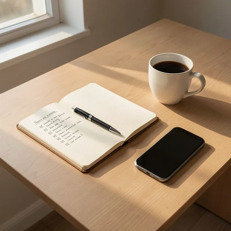 Bureau en bois avec un carnet ouvert, un stylo et un téléphone retourné écran contre la table