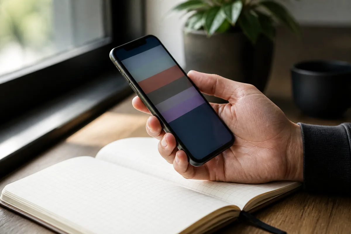 Téléphone posé sur une table en bois affichant un écran de statistiques flou, carnet ouvert à côté